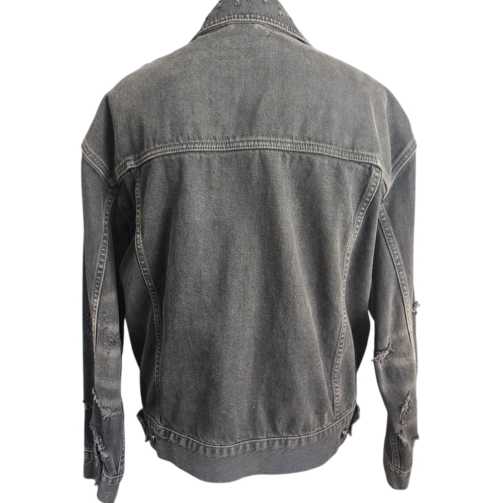 Free People Distressed Denim Jacket Black S (Fits Like M) Thrashed Grunge Skater - Picture 3 of 15